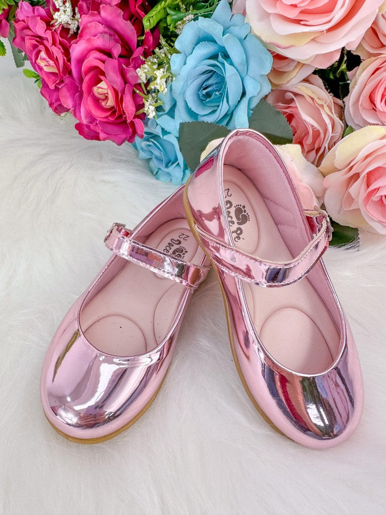 Sapatilha Rosa Metalizado Com Laço Removível Para Meninas