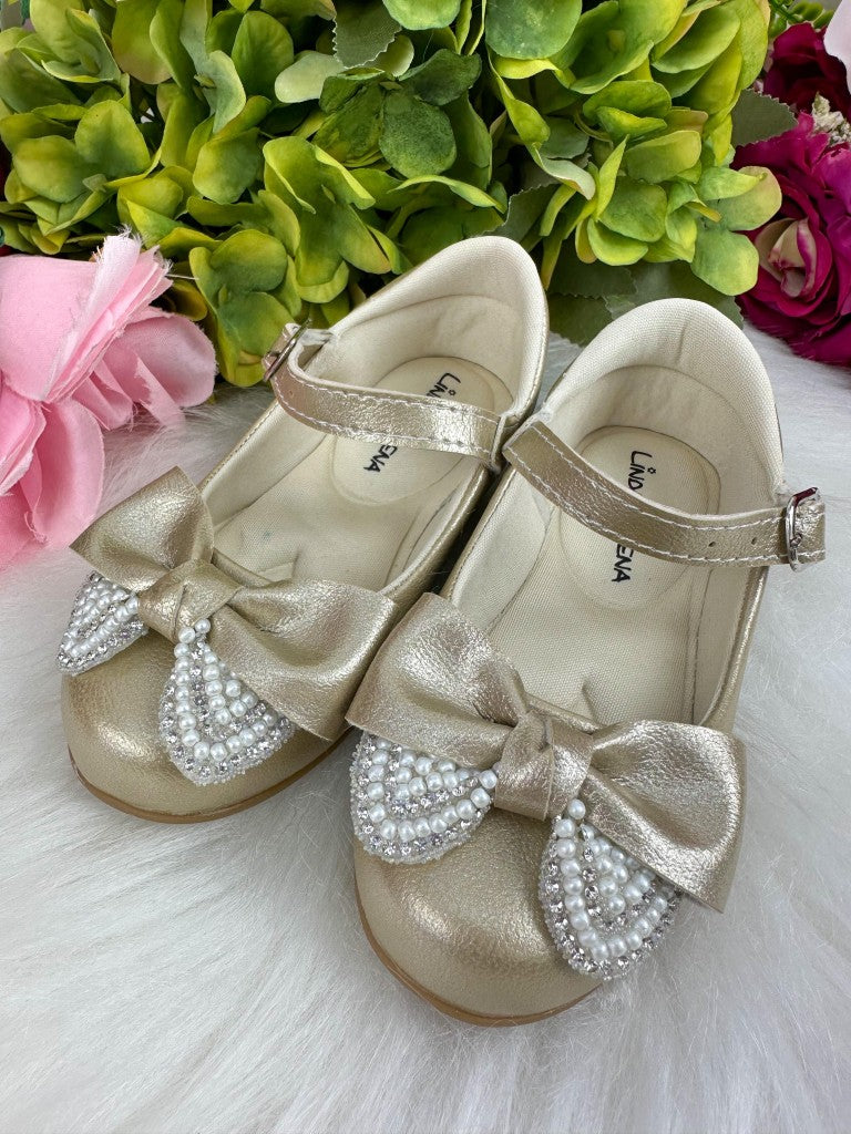 Sapatilha Dourada com Sola Antiaderente e Detalhes em Strass para Crianças