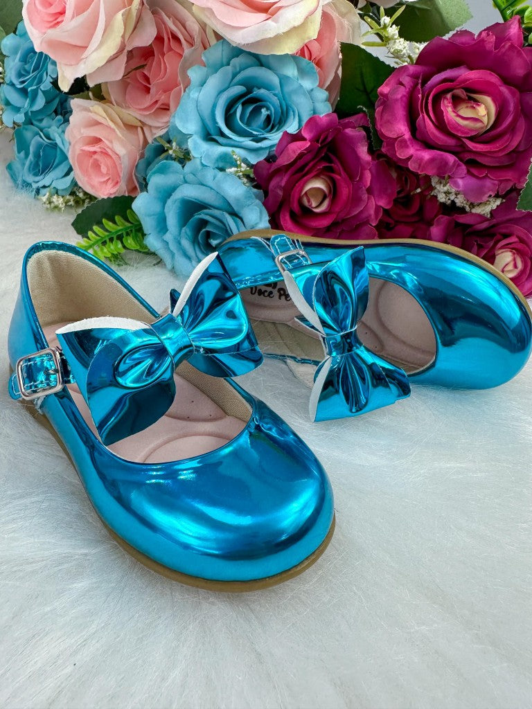 Sapatilha Azul Metalizado Com Laço Removível Para Meninas