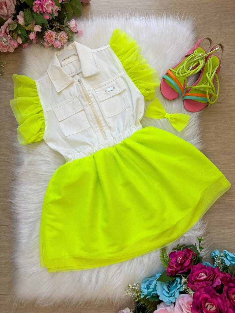 Vestido Verde Neon com Babados e Laço de Cabelo