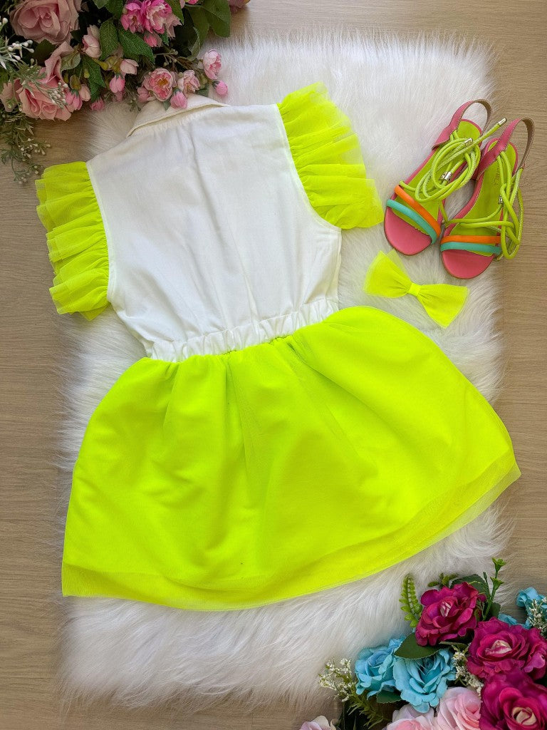 Vestido Verde Neon com Babados e Laço de Cabelo