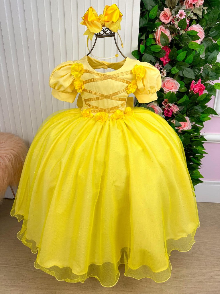 Vestido Infantil Amarelo de Tule Cintilante da Princesa Bela