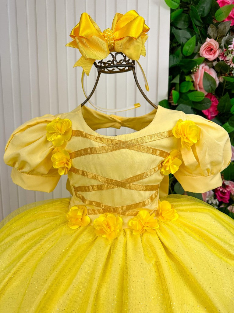 Vestido Infantil Amarelo de Tule Cintilante da Princesa Bela