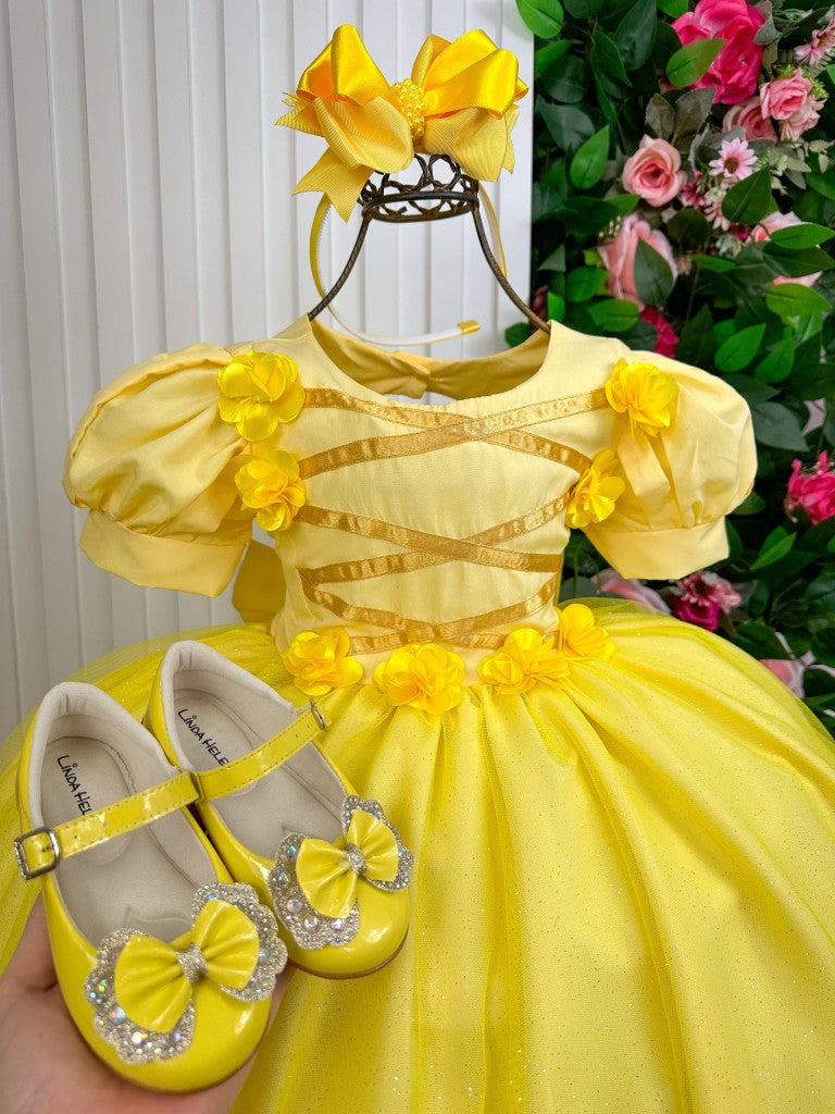 Vestido Infantil Amarelo de Tule Cintilante da Princesa Bela