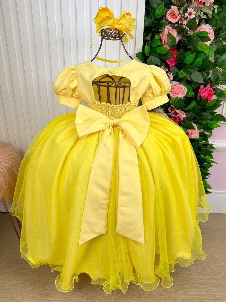 Vestido Infantil Amarelo de Tule Cintilante da Princesa Bela