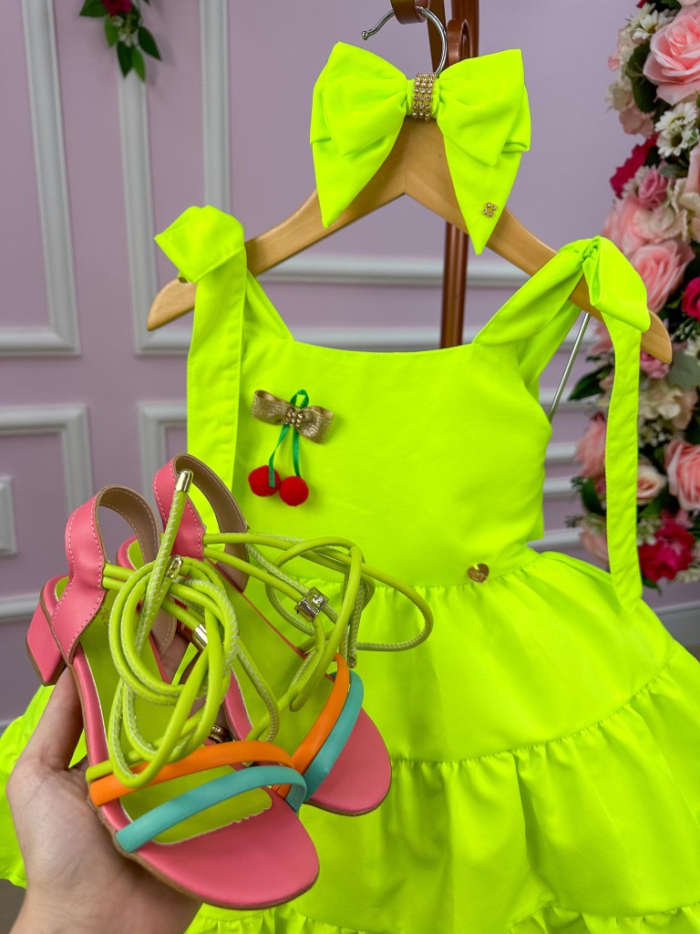 Vestido Infantil Verde Neon com Laço em Tecido 100% Poliéster