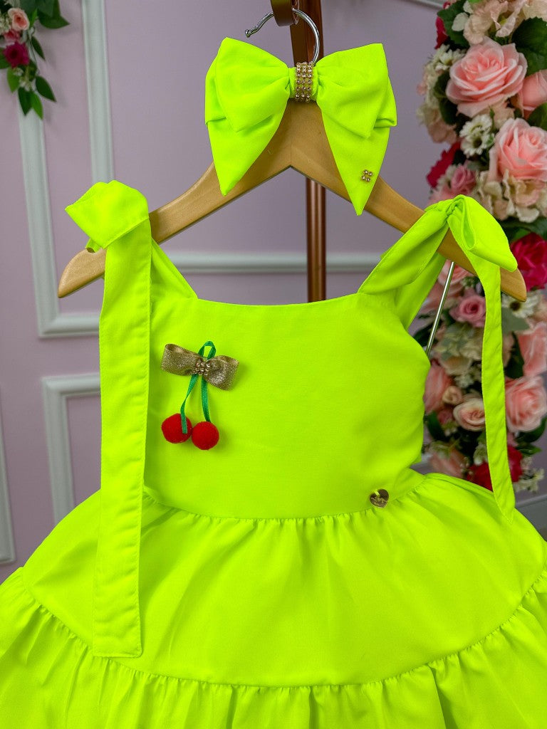 Vestido Infantil Verde Neon com Laço em Tecido 100% Poliéster