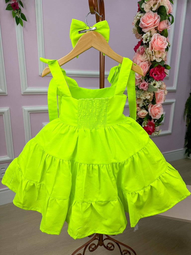 Vestido Infantil Verde Neon com Laço em Tecido 100% Poliéster