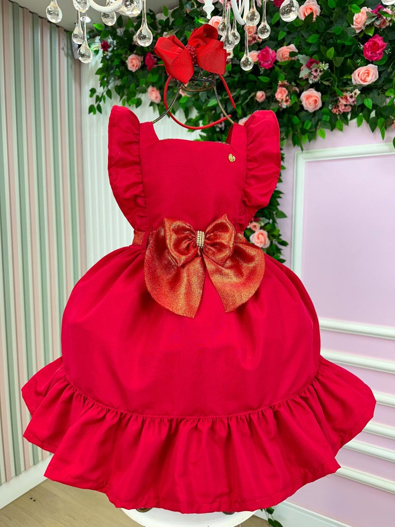 Vestido Vermelho Infantil em Poliéster com Laço - Natal