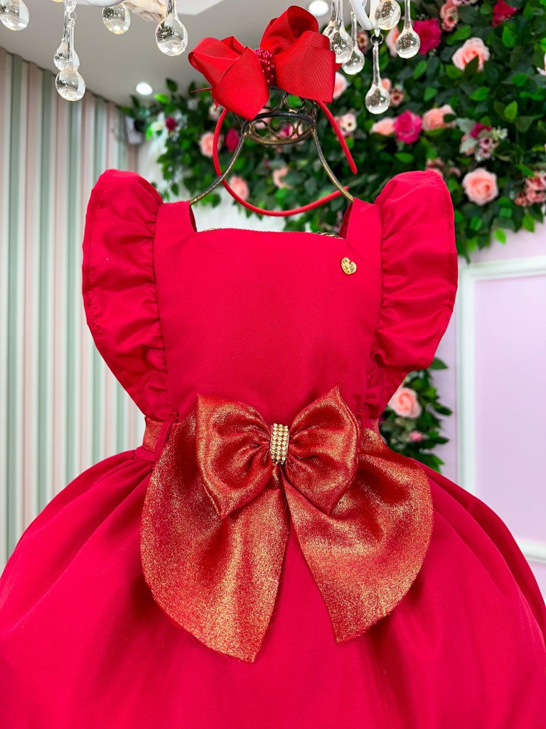 Vestido Vermelho Infantil em Poliéster com Laço - Natal
