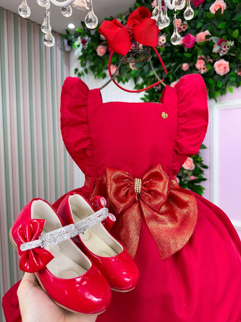 Vestido Vermelho Infantil em Poliéster com Laço - Natal
