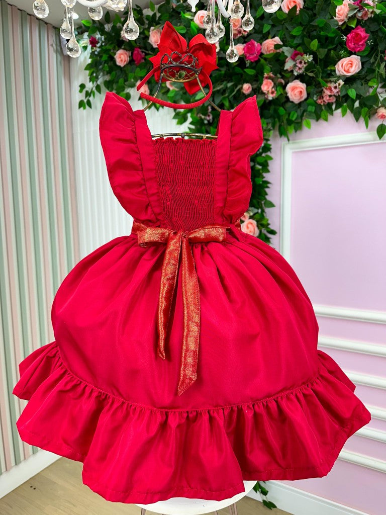 Vestido Vermelho Infantil em Poliéster com Laço - Natal