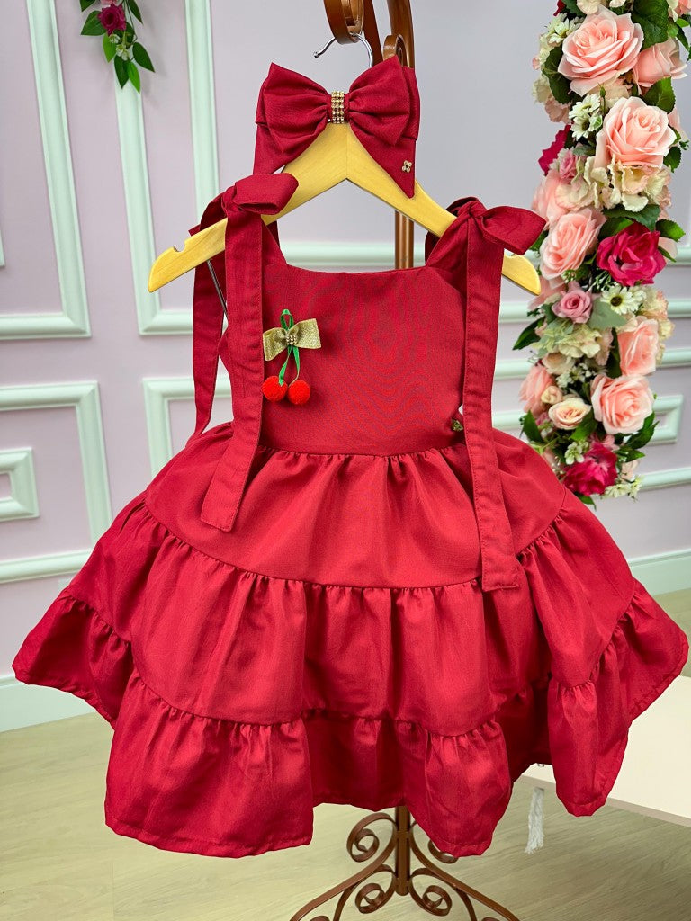 Vestido Vermelho Cerejinha em Poliéster com Laço Bico de Pato