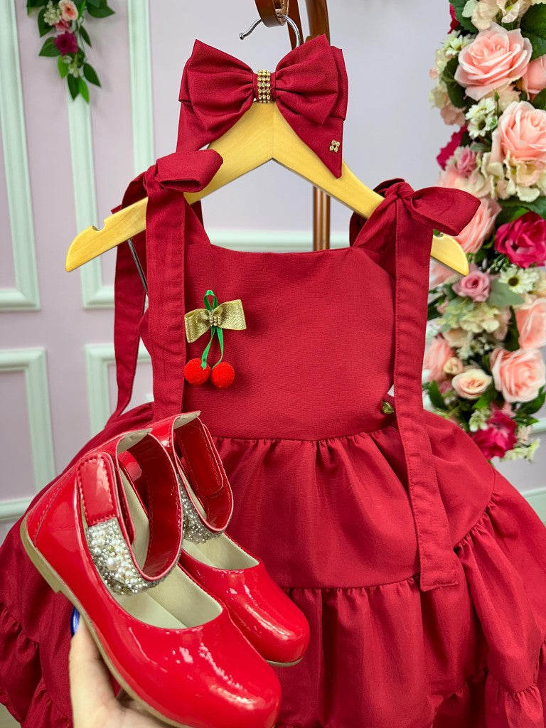 Vestido Vermelho Cerejinha em Poliéster com Laço Bico de Pato