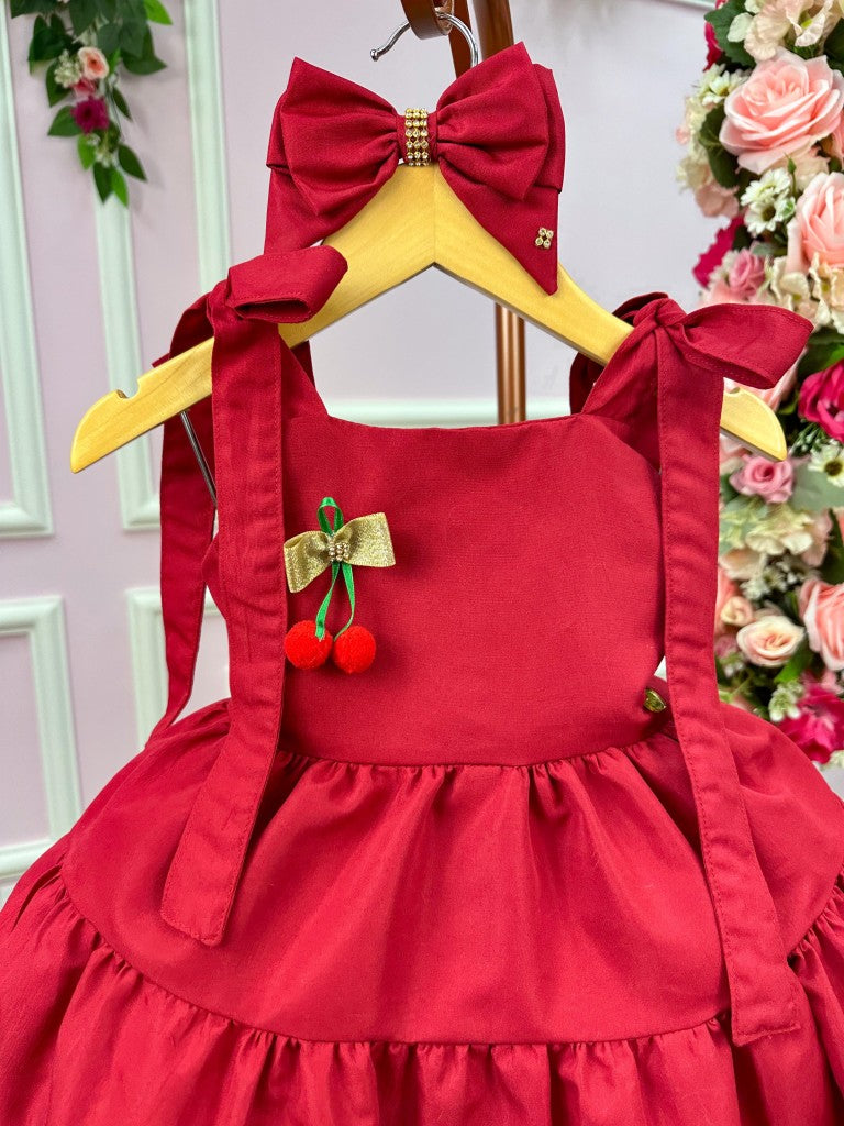 Vestido Vermelho Cerejinha em Poliéster com Laço Bico de Pato