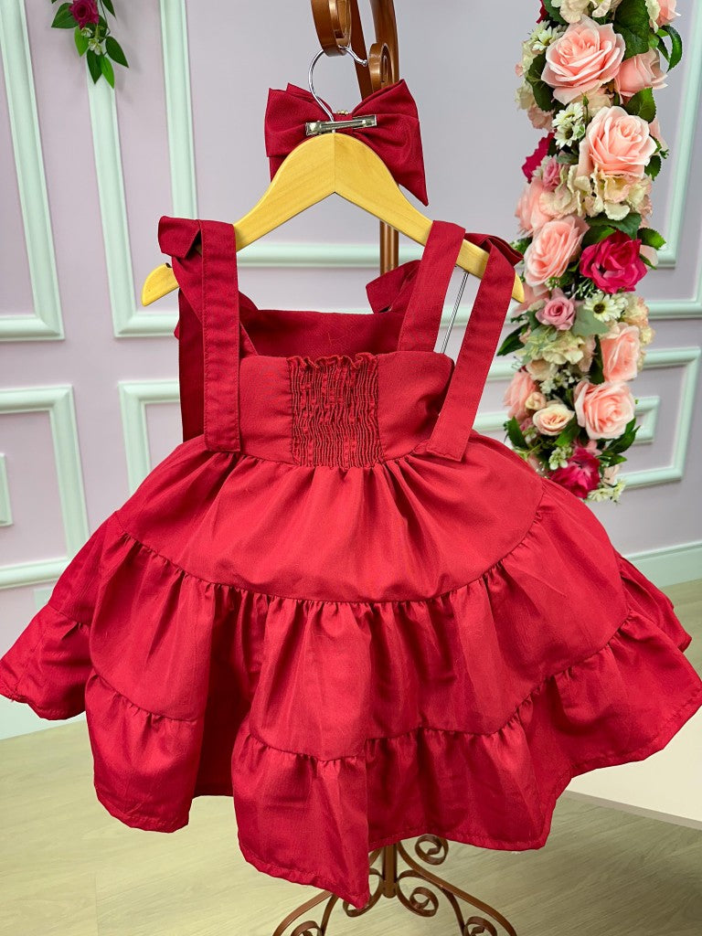 Vestido Vermelho Cerejinha em Poliéster com Laço Bico de Pato