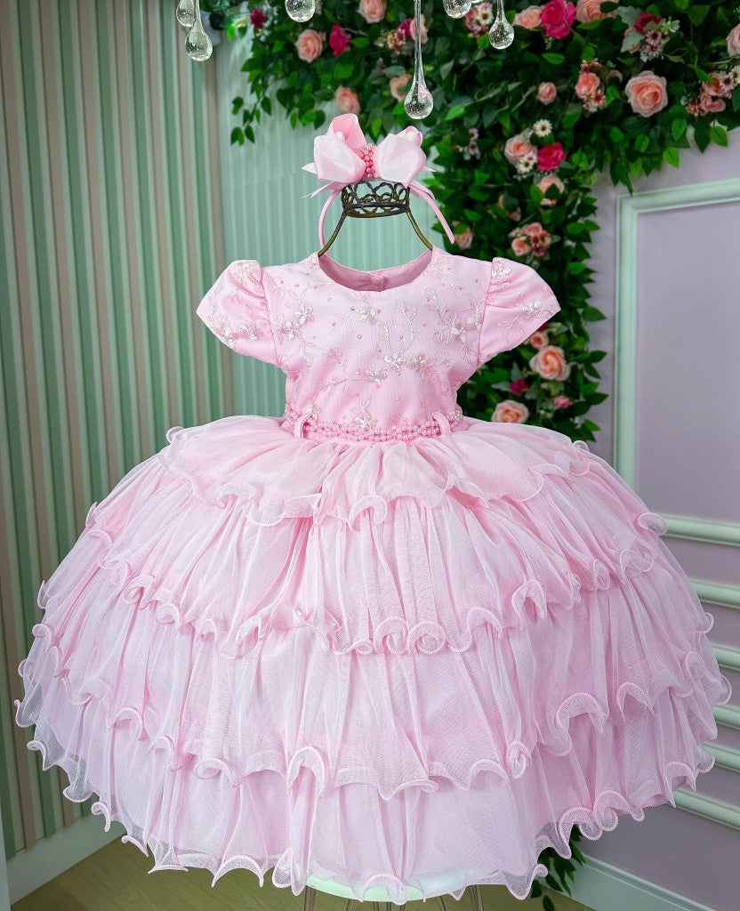 Vestido Infantil Rosa Bebê com Renda e Babados para Meninas