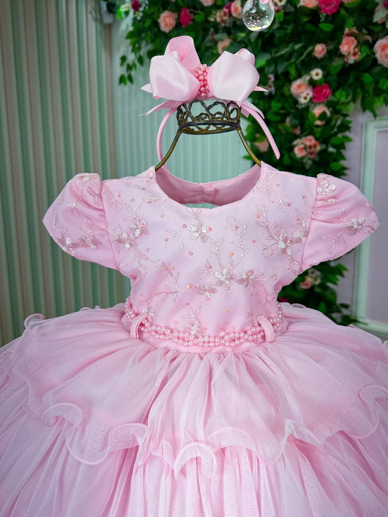 Vestido Infantil Rosa Bebê com Renda e Babados para Meninas