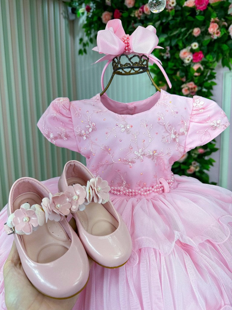 Vestido Infantil Rosa Bebê com Renda e Babados para Meninas
