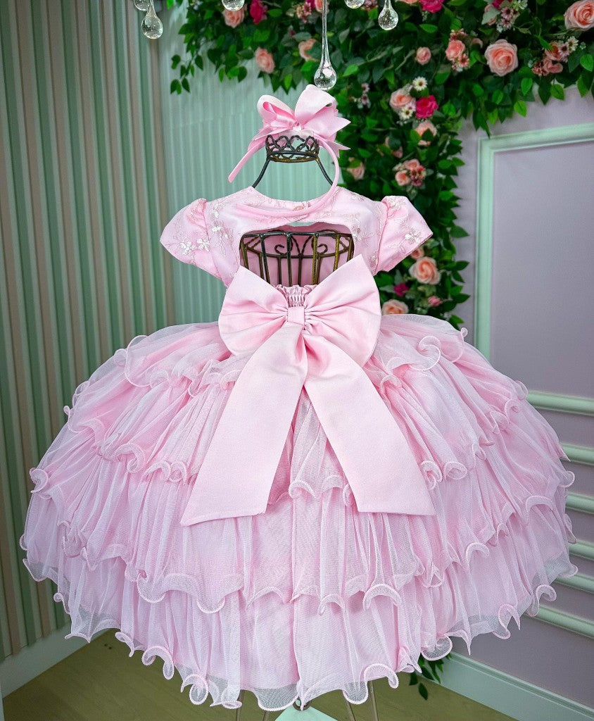 Vestido Infantil Rosa Bebê com Renda e Babados para Meninas