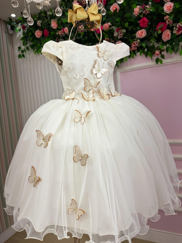 Vestido Midi Juvenil Off com Bordados e Apliques de Borboletas