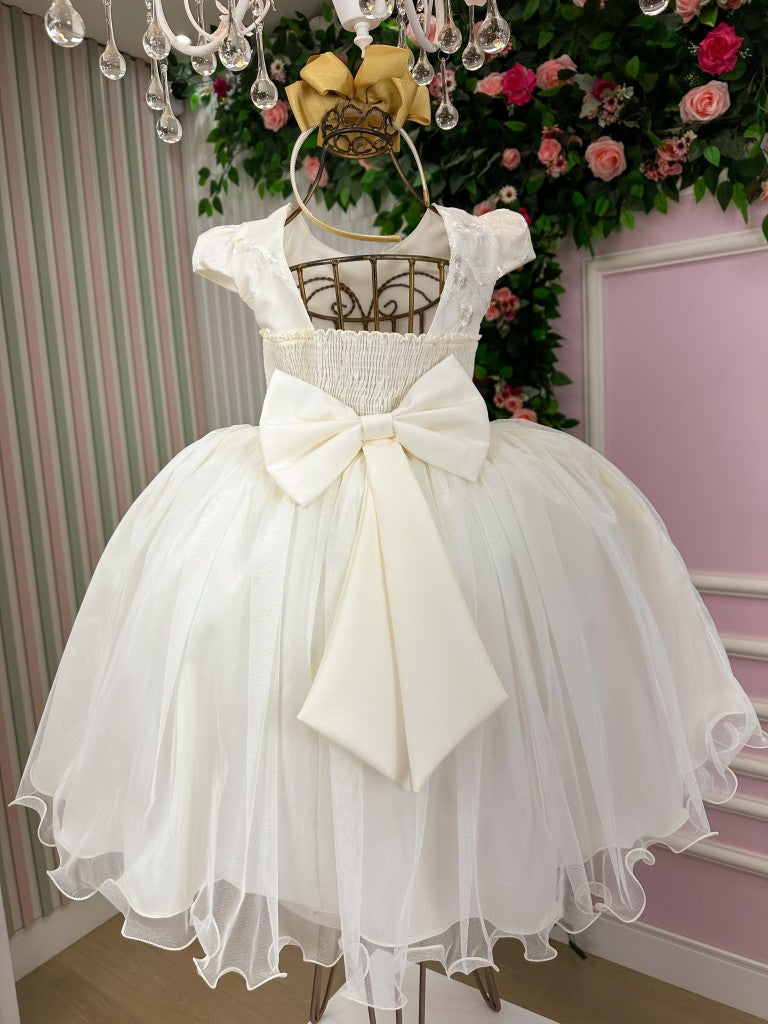 Vestido Midi Juvenil Off com Bordados e Apliques de Borboletas