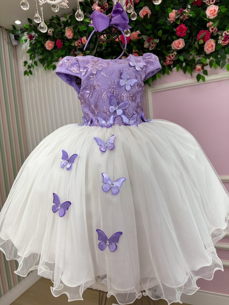 Vestido Midi Lilás e Off para Daminhas com Bordados e Tule
