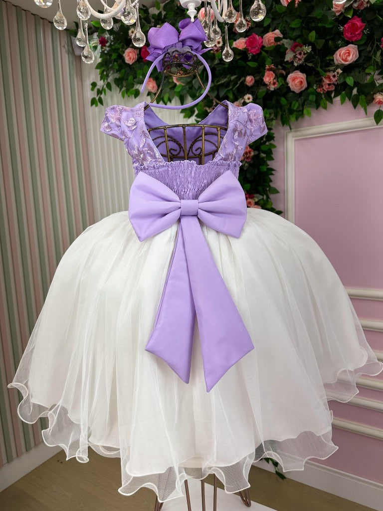 Vestido Midi Lilás e Off para Daminhas com Bordados e Tule