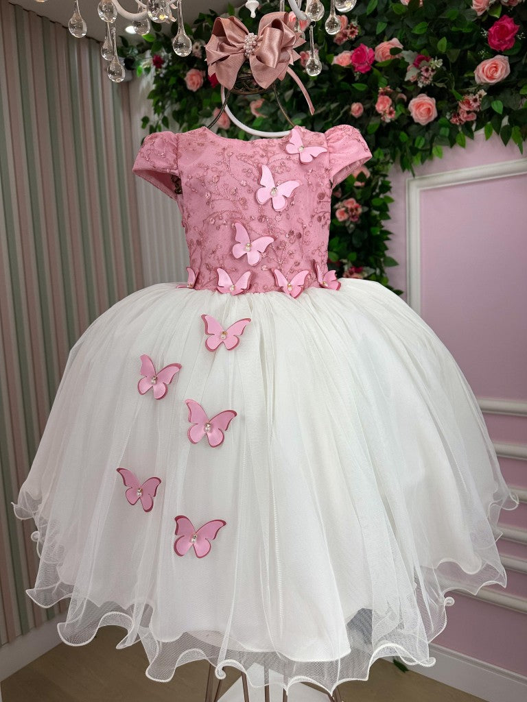 Vestido Midi Juvenil Rosa e Off com Bordados e Tule