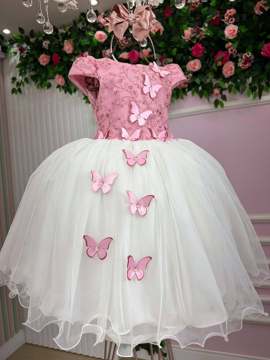 Vestido Midi Juvenil Rosa e Off com Bordados e Tule
