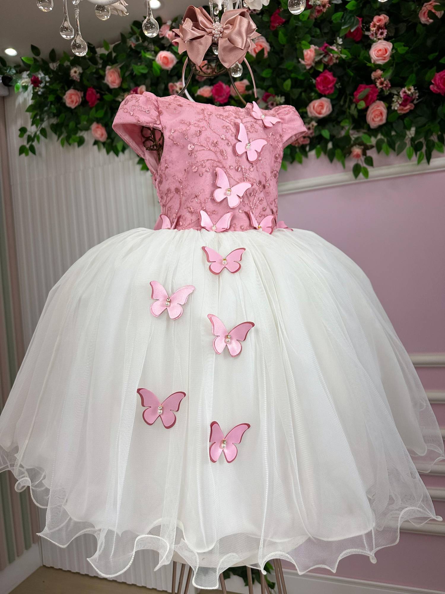 Vestido Midi Juvenil Rosa e Off com Bordados e Tule