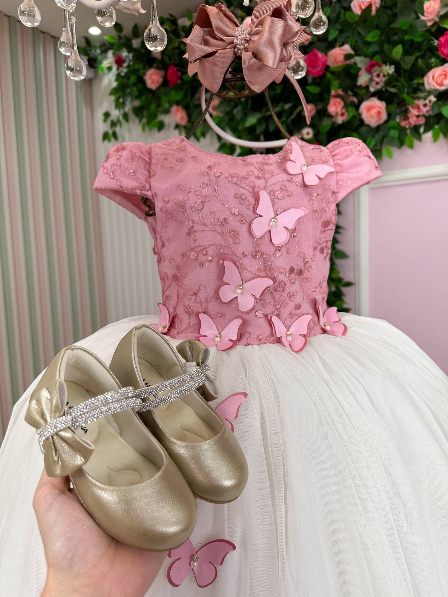 Vestido Midi Juvenil Rosa e Off com Bordados e Tule