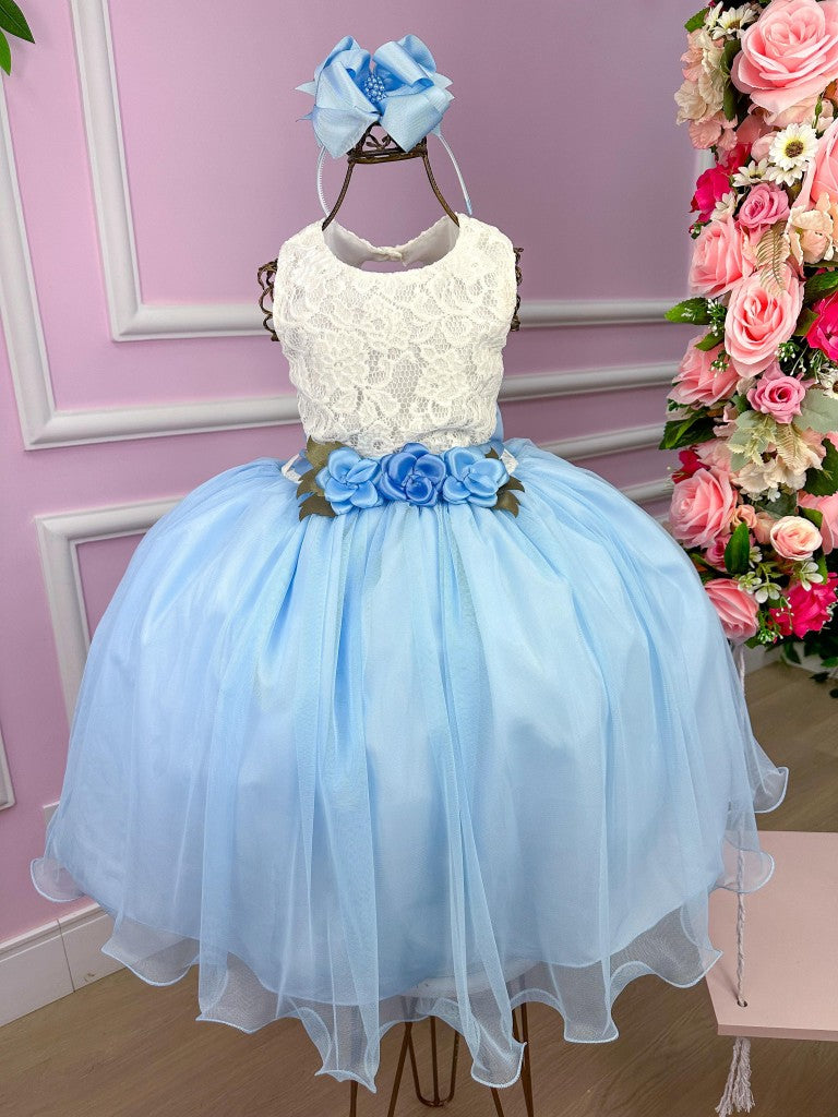 Vestido Infantil Off White com Saia Azul Bebê em Tecido Misto
