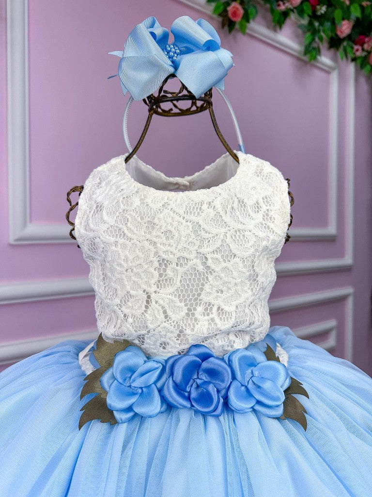 Vestido Infantil Off White com Saia Azul Bebê em Tecido Misto