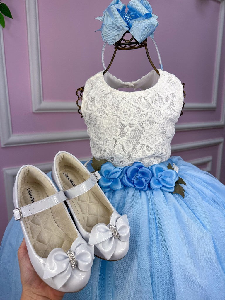 Vestido Infantil Off White com Saia Azul Bebê em Tecido Misto
