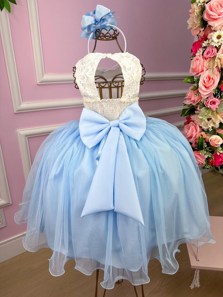 Vestido Infantil Off White com Saia Azul Bebê em Tecido Misto
