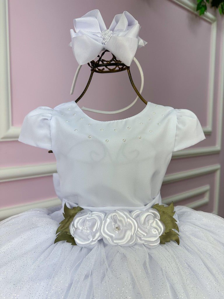 Vestido Branco Juvenil em Tecido Tule com Forro de Algodão e Poliéster