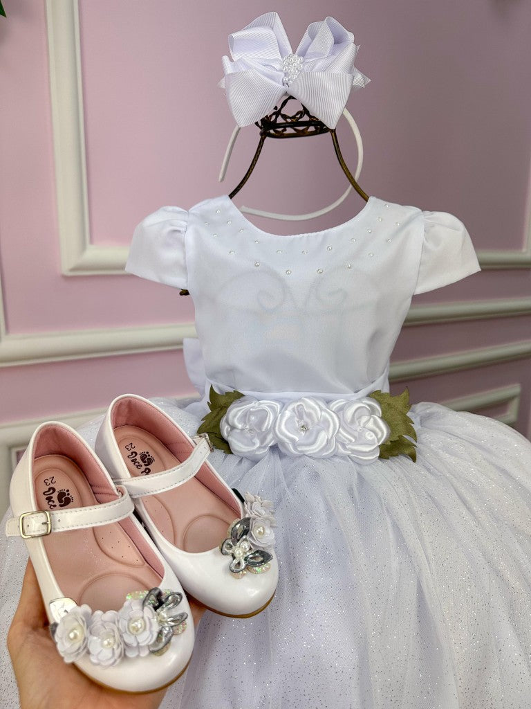Vestido Branco Juvenil em Tecido Tule com Forro de Algodão e Poliéster