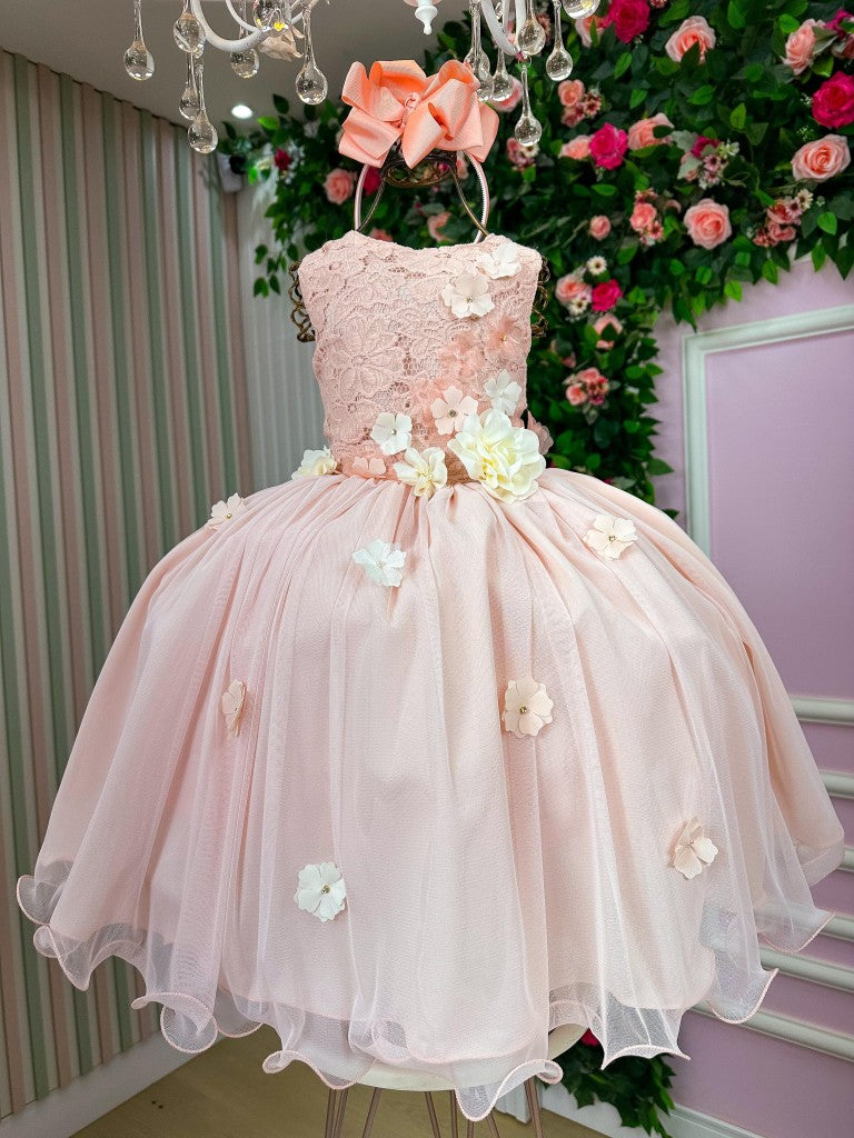 Vestido Infantil de Tule com Laço e Gola Redonda em Pêssego
