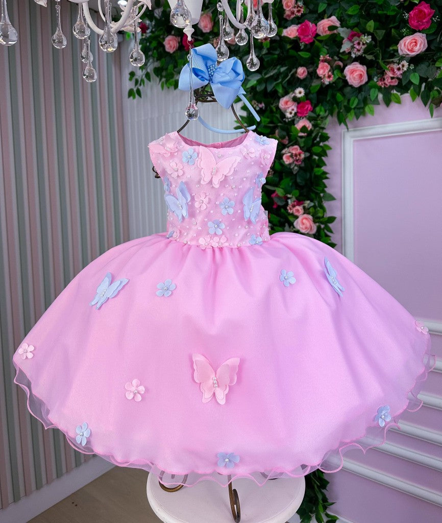 Vestido Rosa Bebê com Laço Jardim das Borboletas
