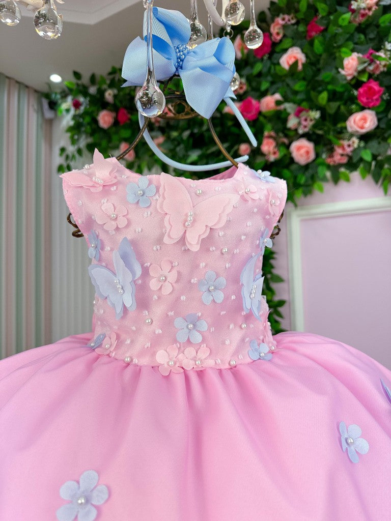 Vestido Rosa Bebê com Laço Jardim das Borboletas