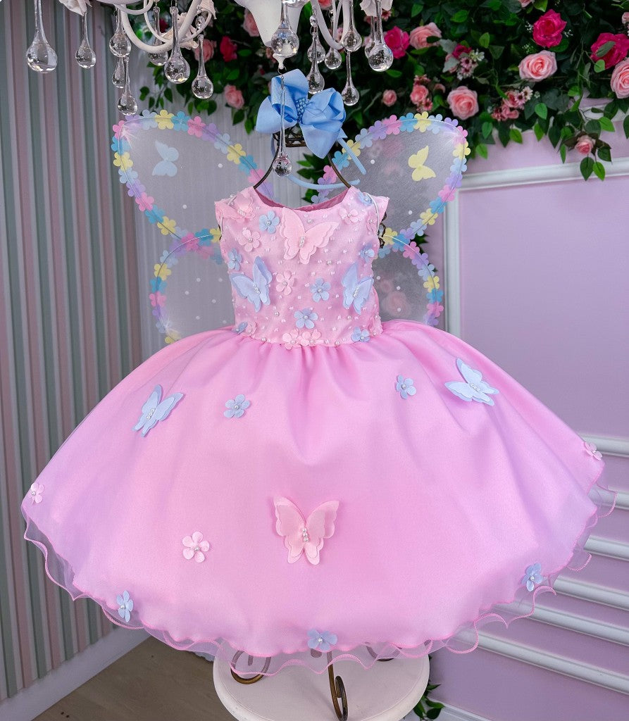 Vestido Rosa Bebê com Laço Jardim das Borboletas