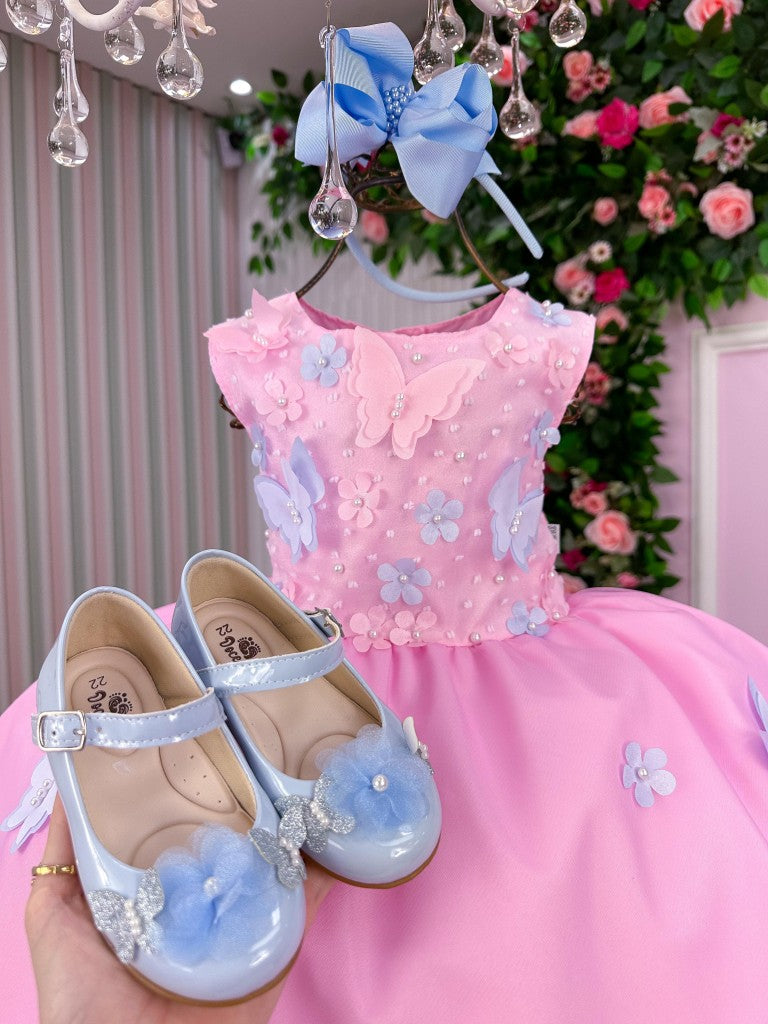 Vestido Rosa Bebê com Laço Jardim das Borboletas