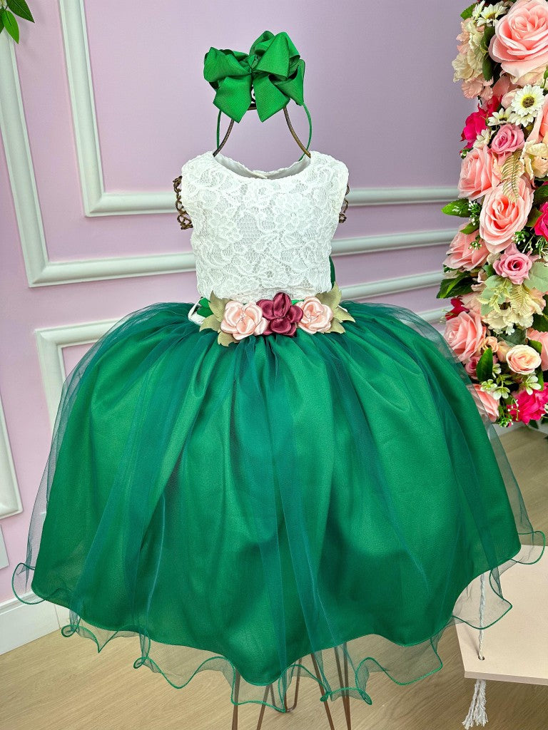Vestido Infantil Off White com Saia Verde Bandeira em Tule e Renda