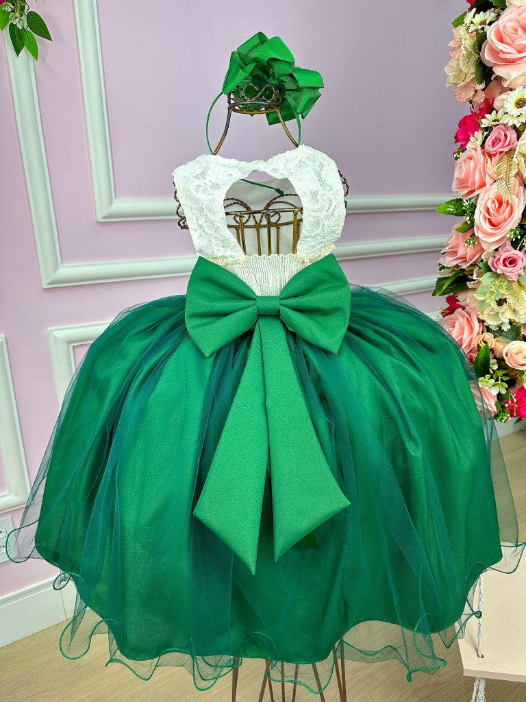 Vestido Infantil Off White com Saia Verde Bandeira em Tule e Renda