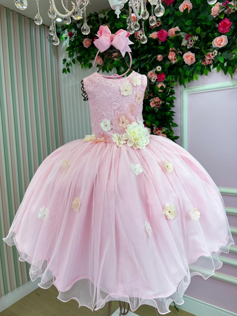 Vestido Juvenil Rosa Bebê em Tecido 100% Poliéster com Estampa de Flores