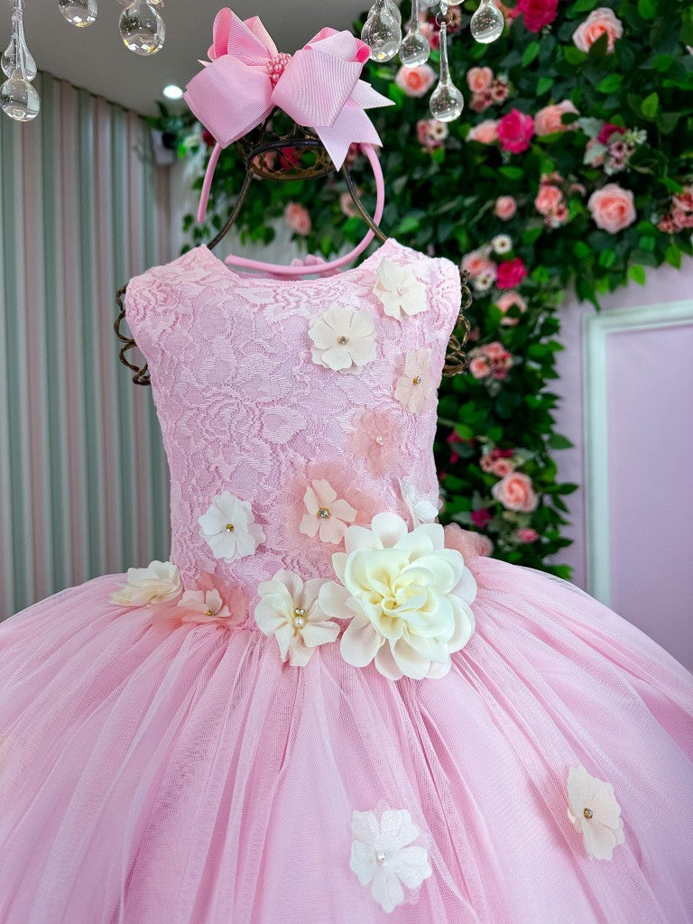 Vestido Juvenil Rosa Bebê em Tecido 100% Poliéster com Estampa de Flores