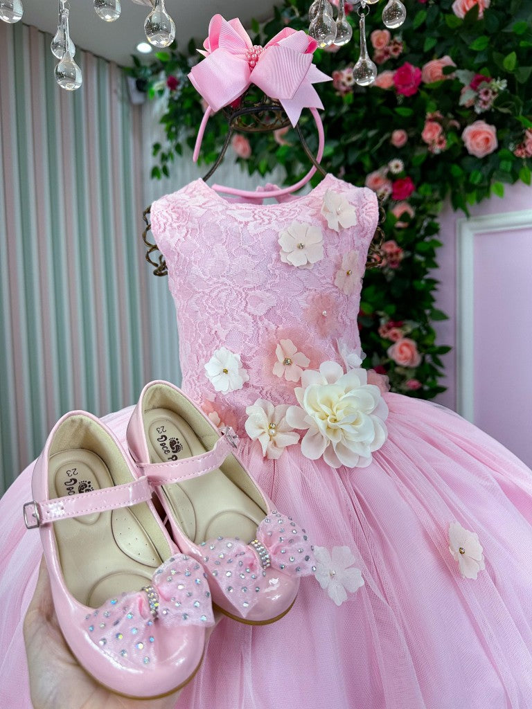 Vestido Juvenil Rosa Bebê em Tecido 100% Poliéster com Estampa de Flores