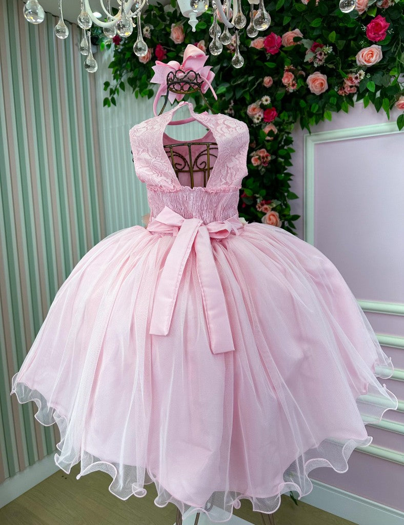Vestido Juvenil Rosa Bebê em Tecido 100% Poliéster com Estampa de Flores