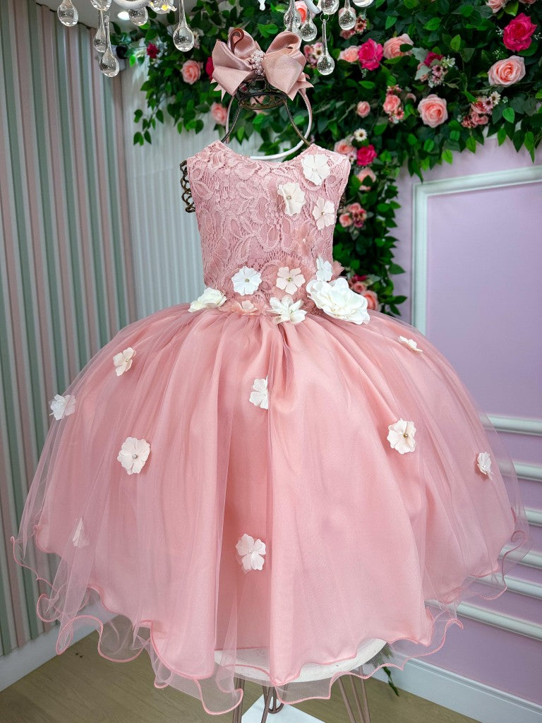 Vestido Juvenil Flores em Tecido de Poliester Rosa